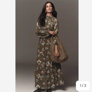 Anthropologie The Somerset Long Sleeve Mock Neck Chiffon Maxi Green Dress Floral